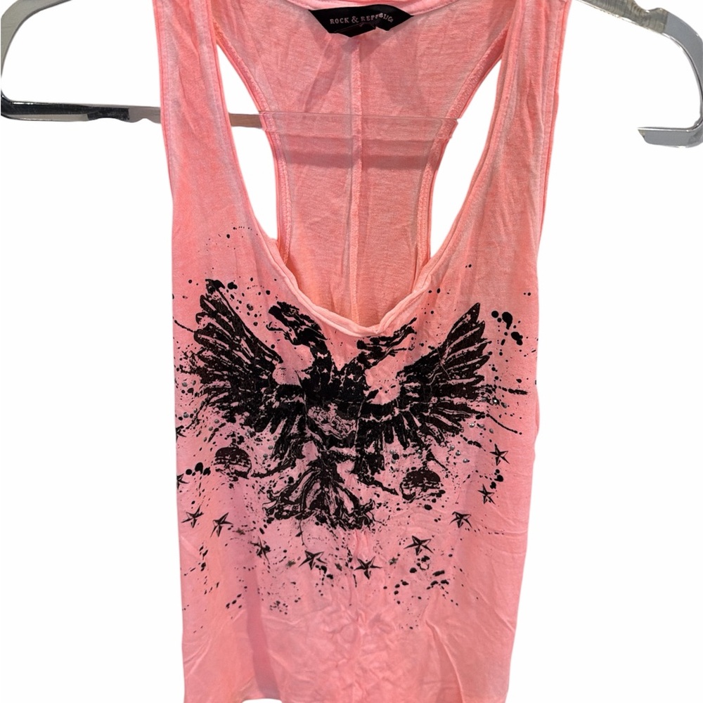 Rock & Republic Pink Racerback Tank with Black Eagle Graphic
